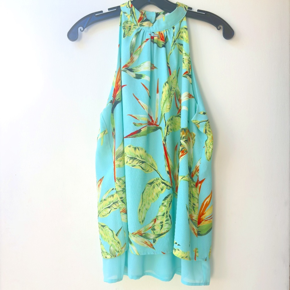 ROSE + OLIVE Top Tropical Print Sleevless Halter Layered Semi Sheer Flowy Size S